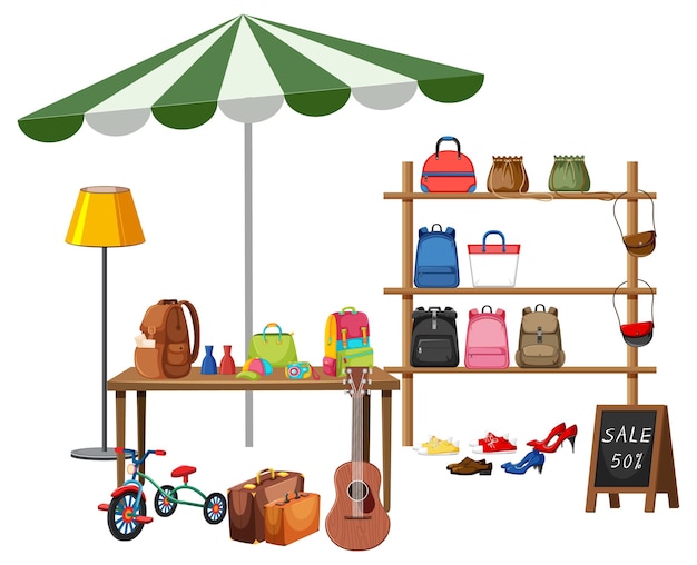 Vector flea market concept with second hand clothes shop