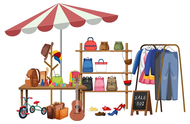 Vector flea market concept with second hand clothes