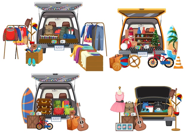 Vettore concetto di mercato delle pulci con set di diverse vendite di bagagli per auto
