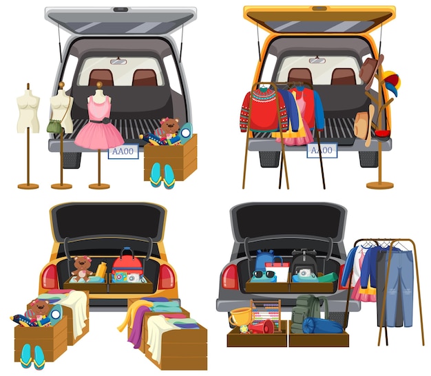 Vector flea market concept with set of different car boot sales