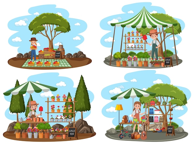 Flea market concept with set of different plant stores