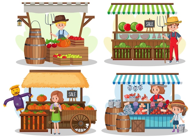 Vector flea market concept with set of different stores