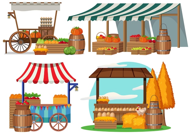 Vector flea market concept with set of different stores