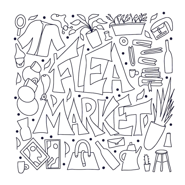 Vector flea market emblem text and hand drawn decor