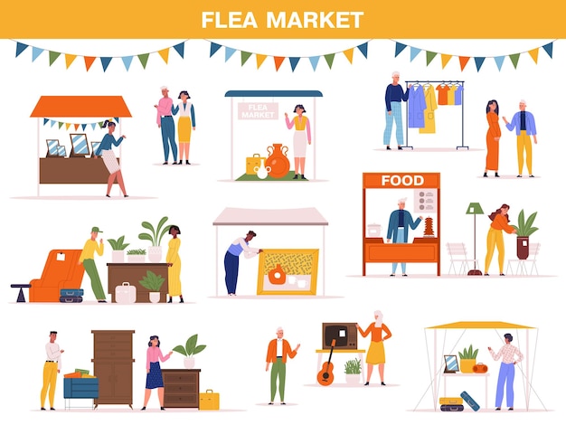 Vector flea market fair event street fair garage bazaar scene second hand street store people sell food clothing and plants vector illustration street sale market