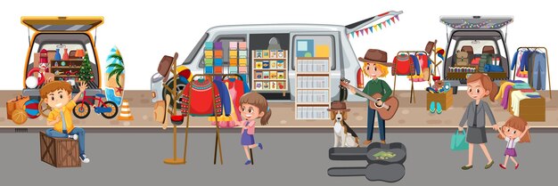 Vector flea market scene in cartoon style