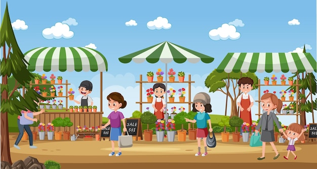 Flea market scene in cartoon style