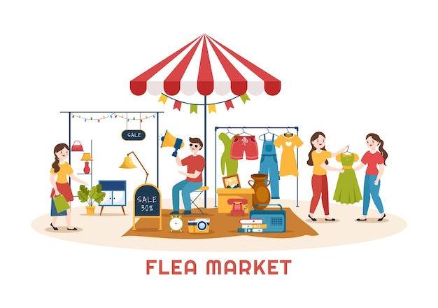 Flea Market Template Illustration Second Hand Shop with Sellers and Customers at Weekend