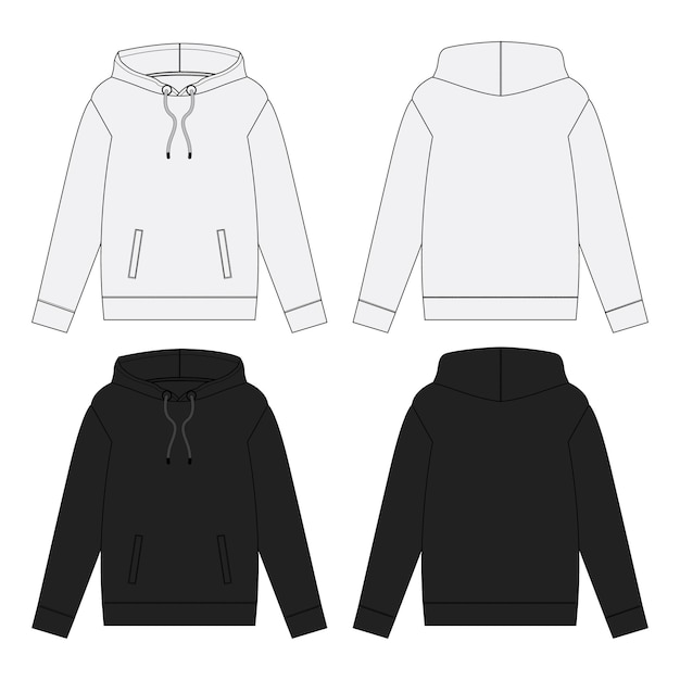 Fleece stof lange mouwen hoodie technische tekening mode platte schets vector illustratie sjabloon