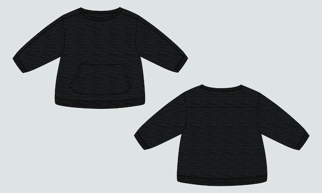Fleece stof sweatshirt technische mode platte zwarte kleur vector sjabloon voor kinderen.