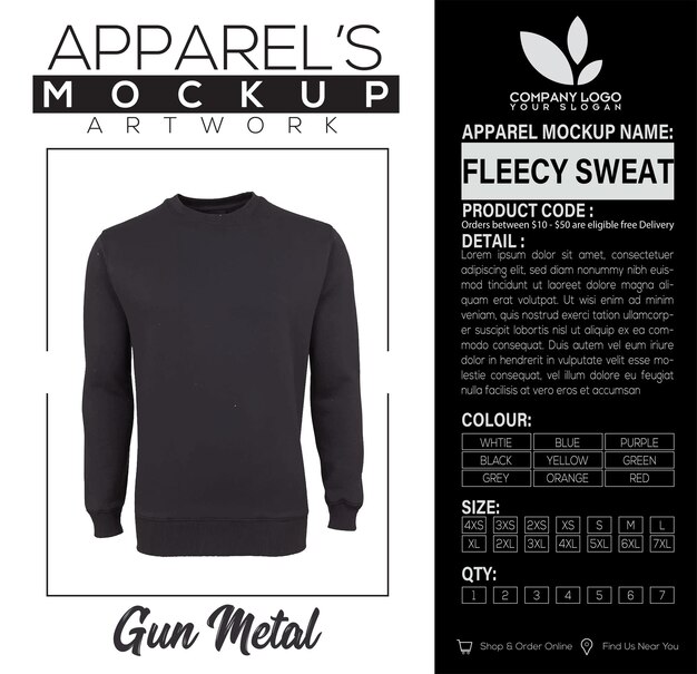 Vector fleecy sweat gunmetal apparel mockup artwork