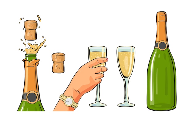 Fles champagne explosie en hand houden glas vector kleur plat pictogram