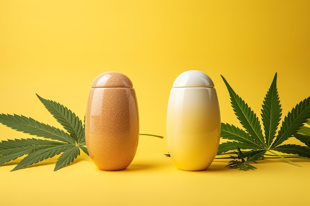 Fles met cbd-olie pipetcapsules en cannabisblad op een gele achtergrond minimalisme plat