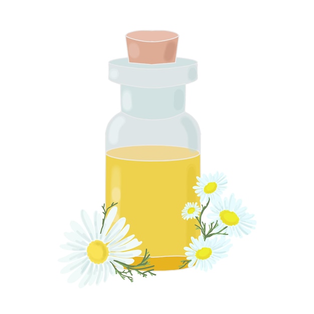 Fles met etherische olie en kamille bloem cosmetische olie aromatherapie tinctuur geneeskunde apotheek