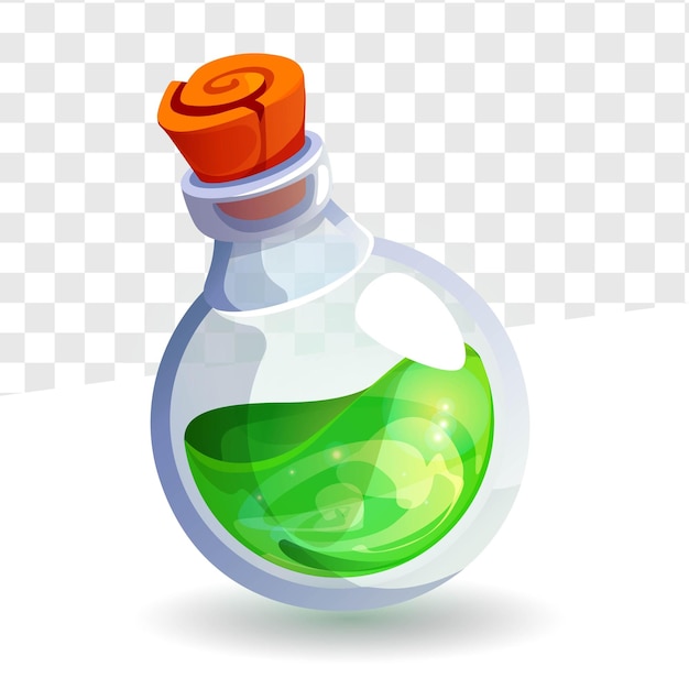 Fles met groen drankje met houten kurk en magisch elixir 3D-vectorillustratie