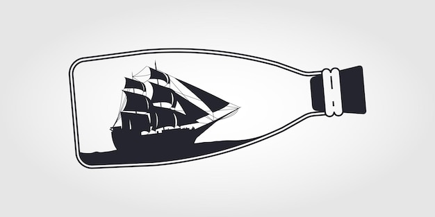Vector fles met klein oud schip binnen pictogram, vectorillustratie