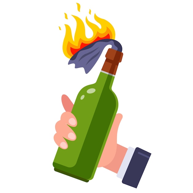 Vector fles molotovcocktail in de hand van een man. platte vectorillustratie.