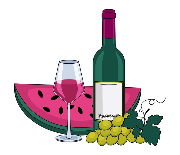 Vector fles rode wijn wijn in een glas watermeloen en druiven met een contour vector grafiek