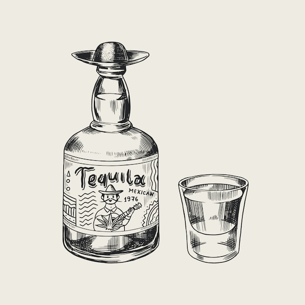 Fles tequila Glas schot en label voor retro poster of banner. Gegraveerde hand getekende vintage schets. Houtsnede stijl. illustratie.