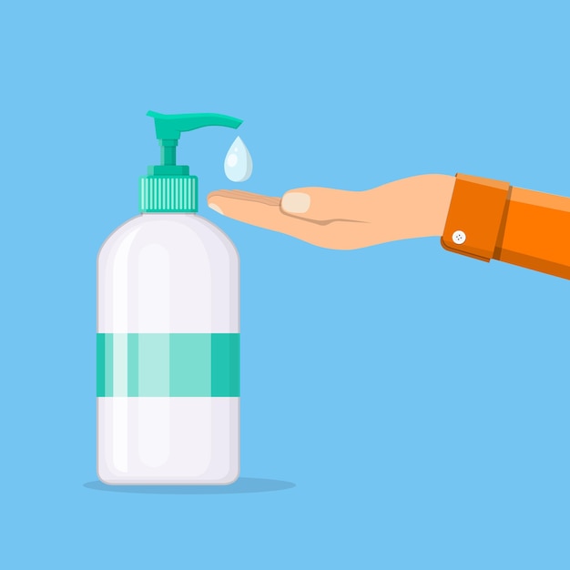 Fles vloeibare antibacteriële zeep met dispenser. Man handen wassen. Vochtinbrengend ontsmettingsmiddel. Desinfectie, hygiëne, huidverzorgingsconcept. Vectorillustratie in vlakke stijl