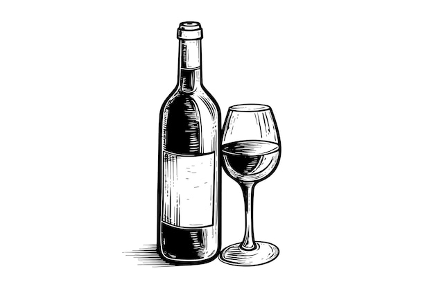 Fles wijn en glas Hand getrokken gravure schets stijl vectorillustraties