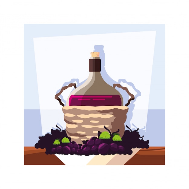 Fles wijn in rieten mand en druiven