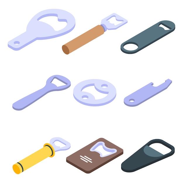 Flesopener iconen set, isometrische stijl