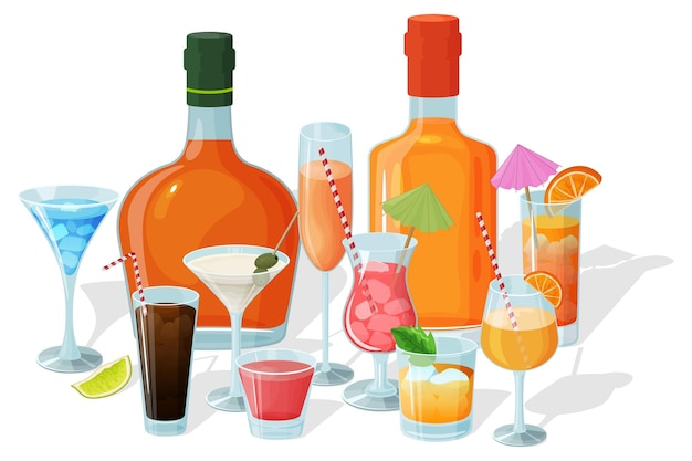 Vector flessen alcohol en diverse cocktailsalcoholische dranken in glazen en glazen