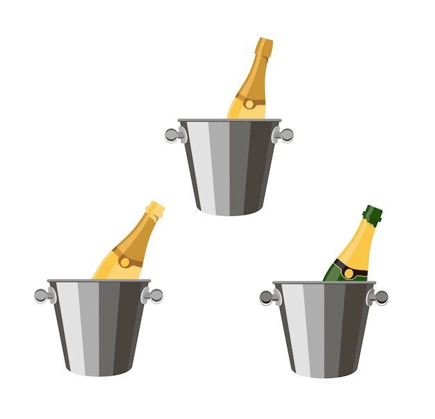 Flessen champagne in een ijsemmer set Pictogram in cartoon stijl geïsoleerd