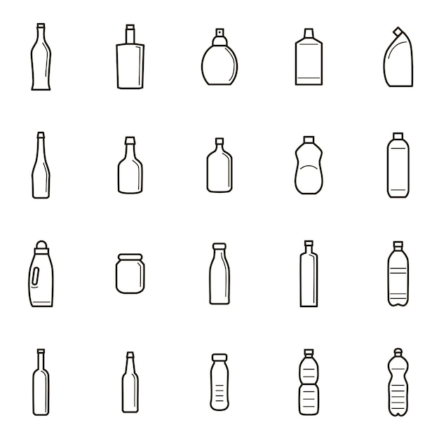 Flessen voor vloeibare tekens zwarte dunne lijn Icon Set Vector