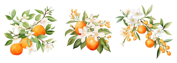 Vector fleur dorange branches with oranges and flowers watercolor floral elements decorative fruits and blossom trendy prints vector templates set