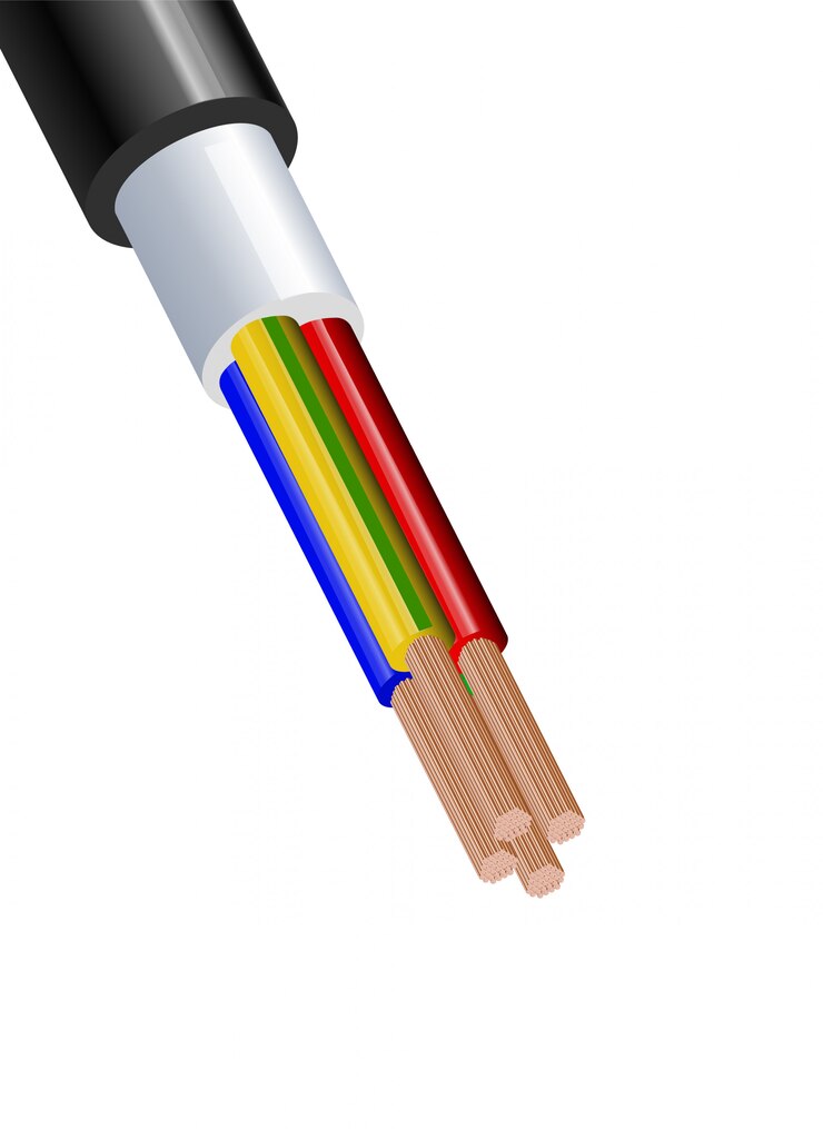 Vector flexible 4-wire electrical copper cable isolated on white background. copper multicore cable with double color insulation. close-up of the cross section. power wire.