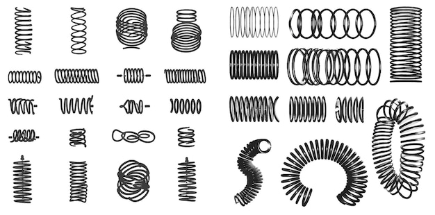 Вектор Силуэт гибких катушек, проволочных пружин и металлических спиралей
