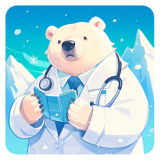 A flexible polar bear doctor cartoon style