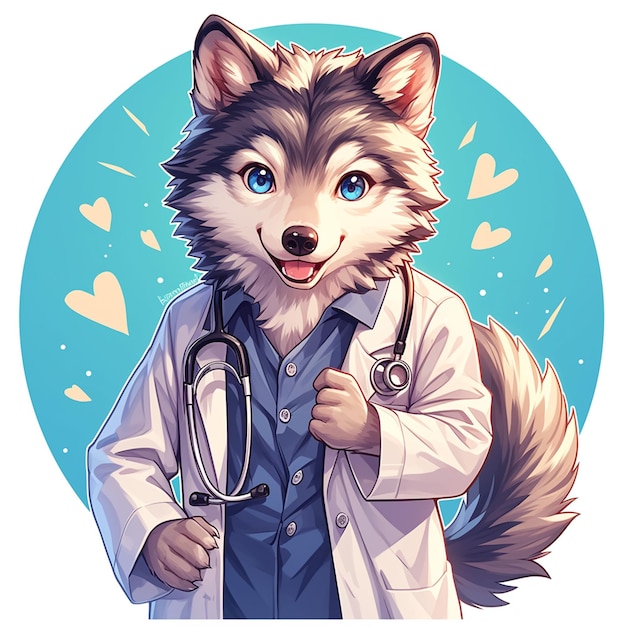 A flexible wolf doctor cartoon style