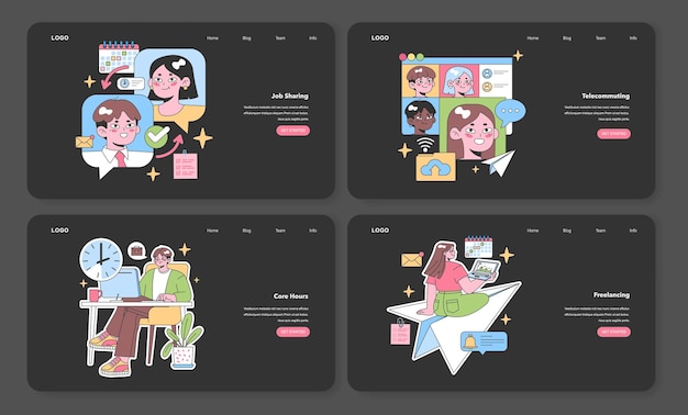 벡터 유연한 작업 옵션 설정 동료들이 일자리를 공유하는 데 협력합니다 다양한 전문가들이 참여합니다.