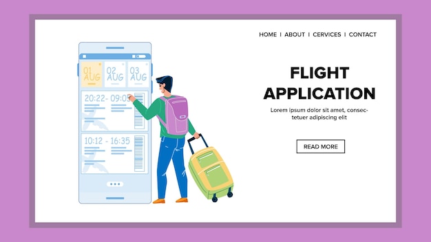 Domanda di volo per acquistare il biglietto aereo vettore. viaggiatore dell'uomo con bagagli utilizzando l'applicazione di volo per l'acquisto di viaggi di viaggio o la registrazione in aereo. personaggio app web piatto fumetto illustrazione