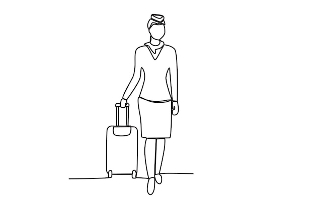 A flight attendant carrying a suitcase Airport activity oneline drawing