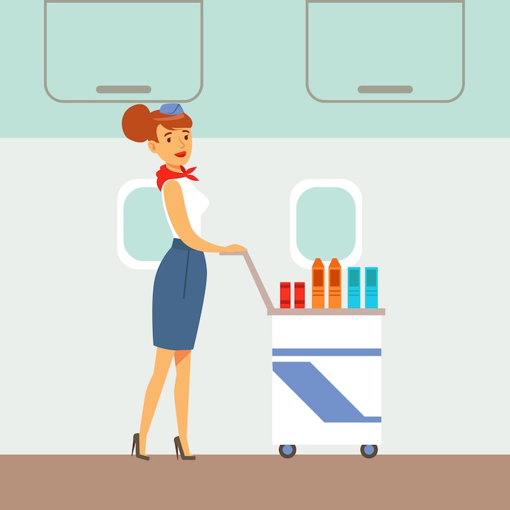 Vector flight attendant serving drinks on a plane