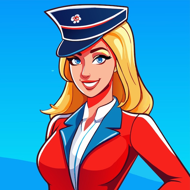 Vettore assistenti di volo, hostess di cabina, poliziotte, icona di adesivo di cartone animato stilizzato disegnato a mano