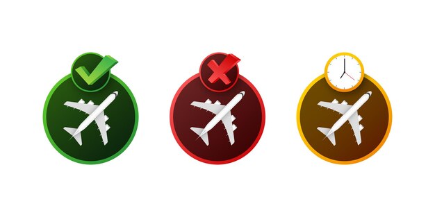 flight information check mark. qr code scan icon. exclamation mark. travel time.