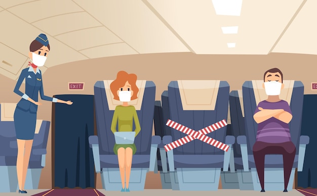 flight rules. epidemic problems, passengers wear protective masks in plane and safe social distance vector illustration. epidemic flight prevention and protection