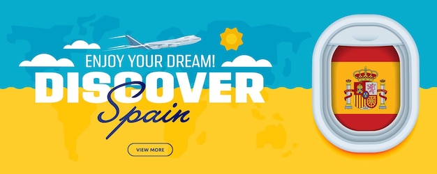 Flight to spain traveling theme banner design for website mobile app