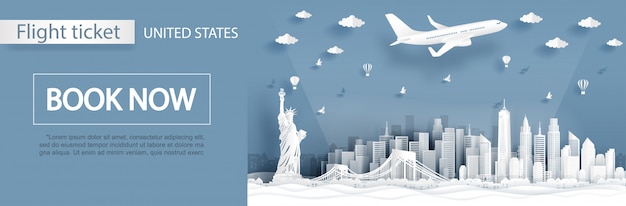 Flight and ticket advertising template with travel to new york city, america