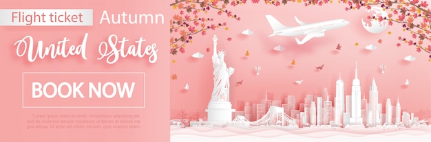 Flight and ticket advertising template with travel to New York City, United States