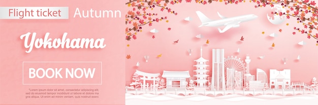 Flight and ticket advertising template with travel to Yokohama, Japan in autumn season deal with falling maple leaves and famous landmarks in paper cut style