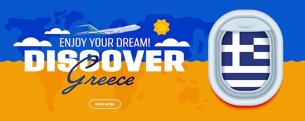 웹사이트 모바일 앱을 위한 그리스 여행 테마 배너 디자인으로의 비행 | 프리미엄 벡터