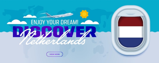 ベクトル ウェブサイトモバイルアプリのオランダ旅行テーマバナーデザインへのフライト