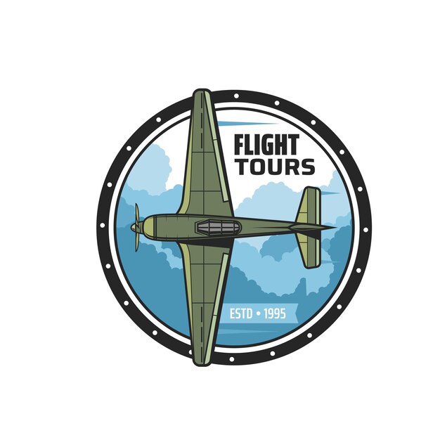 Vector flight tours and air travel round vintage icon