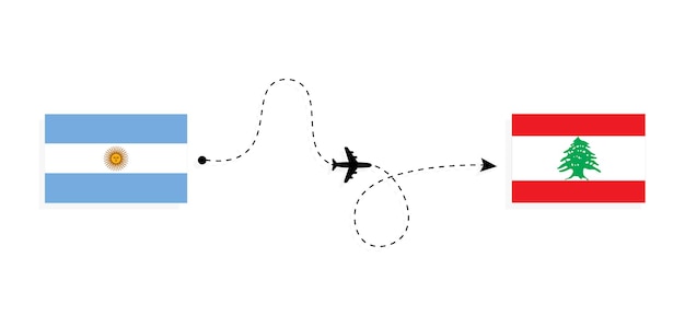 Vector flight and travel from argentina to lebanon by passenger airplane travel concept